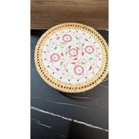 Wicker Ceramic Lidded Basket 10" Round Storage Box Handmade Floral Design - Picture 4 of 7